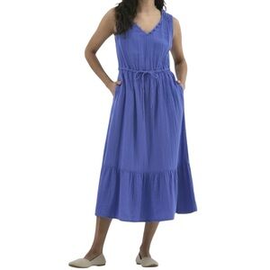 Time and Tru Cotton Double Cloth Sleeveless Midi Dress Pockets Blue Ink Large